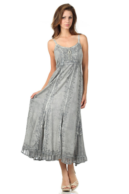 Sakkas Stonewashed Empire Waist Floral Vine Trumpet Crepe Inlay Ruffle Hem Dress