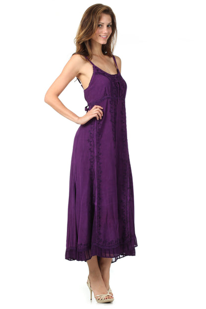 Sakkas Stonewashed Empire Waist Floral Vine Trumpet Crepe Inlay Ruffle Hem Dress