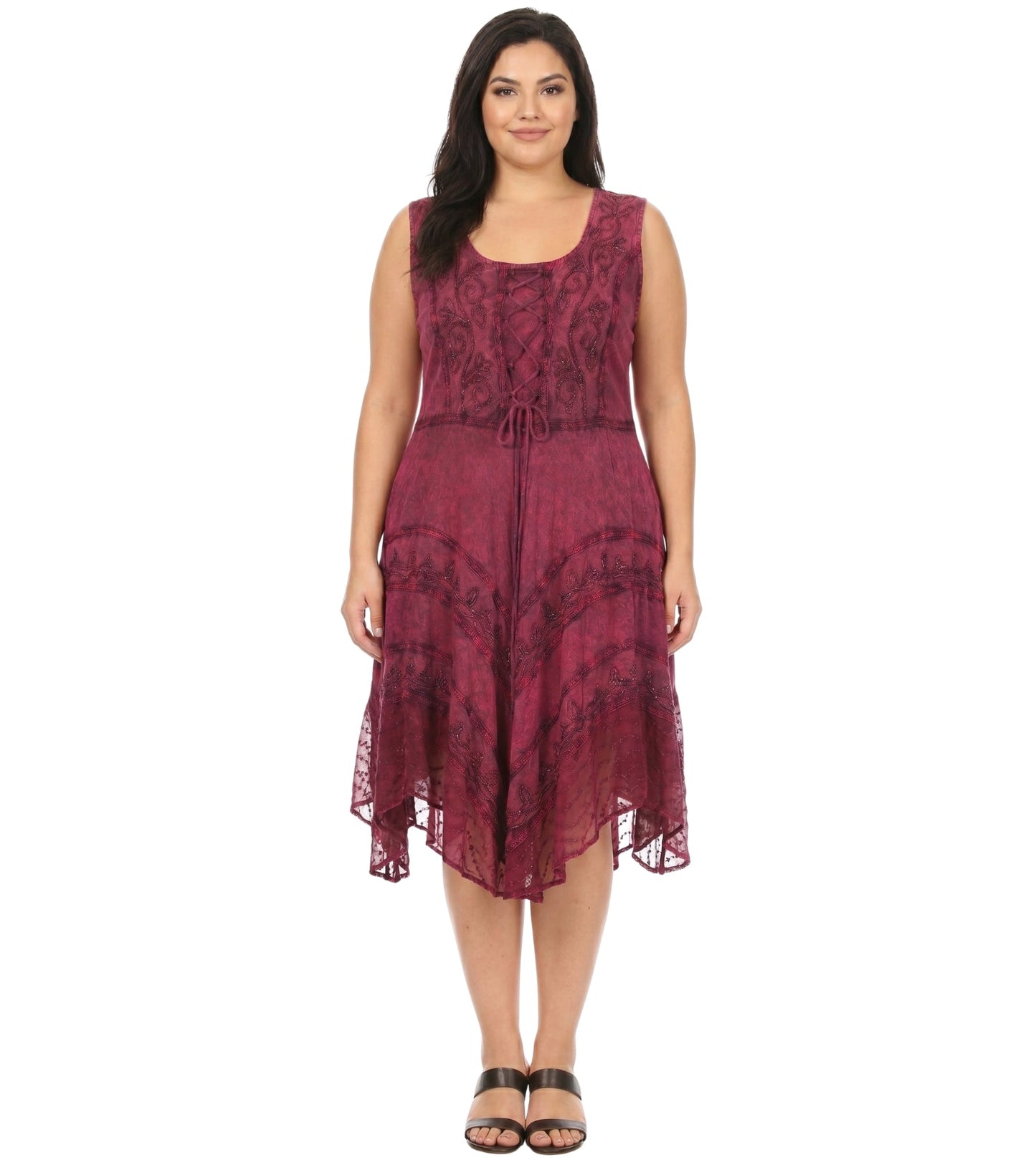 Sakkas Sundara Stonewashed Rayon Embroidered Mid Length Dress