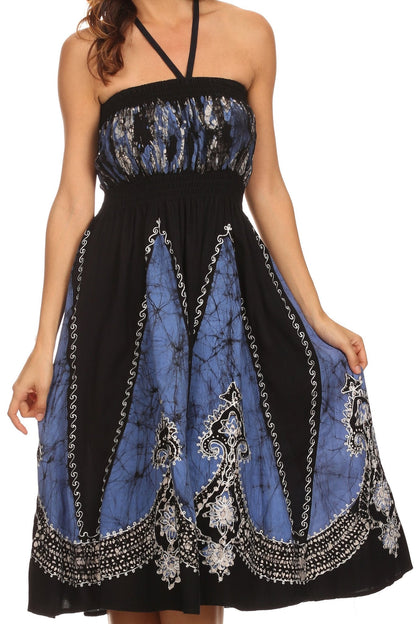 Sakkas Jaya Sleeveless Adjustable Tea Length Tube Top Embroidered Tie Dye Dress
