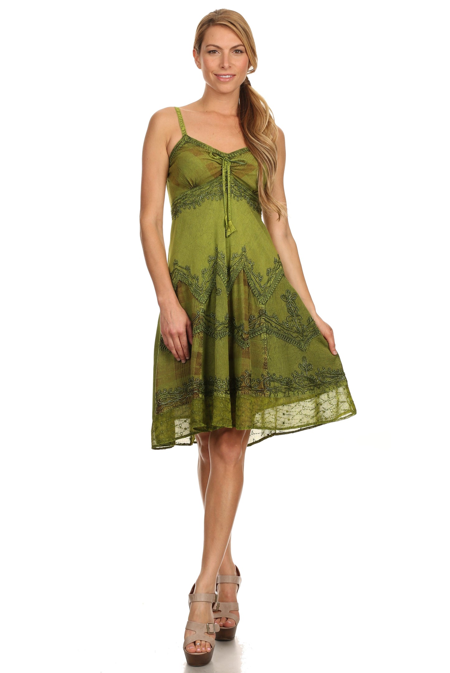 Sakkas Lacey Stonewashed Embroidered Silver Threaded Spaghetti Strap Dress