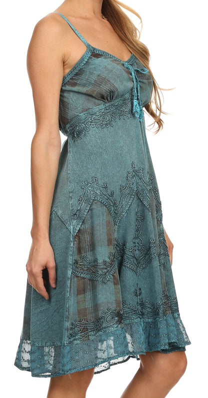Sakkas Lacey Stonewashed Embroidered Silver Threaded Spaghetti Strap Dress
