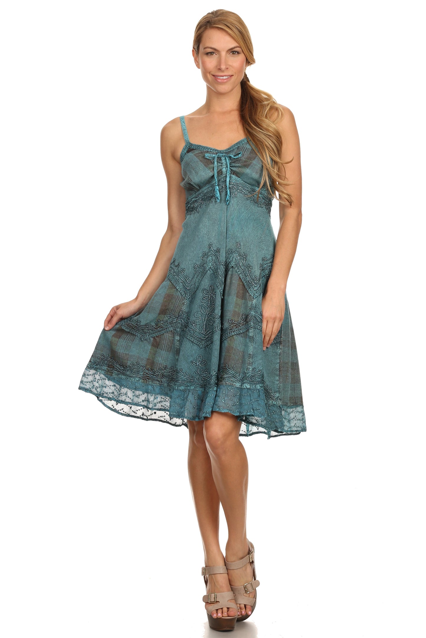 Sakkas Lacey Stonewashed Embroidered Silver Threaded Spaghetti Strap Dress