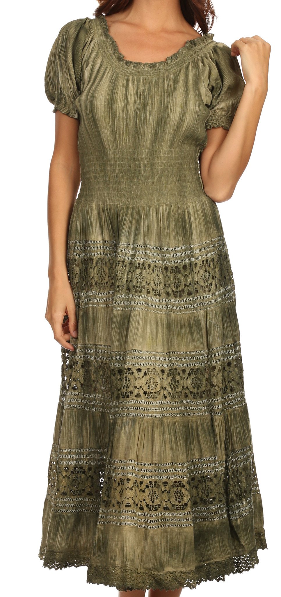Sakkas Laney Tie Dye Lace Smocked Empire Waist Long Picot Hem Dress