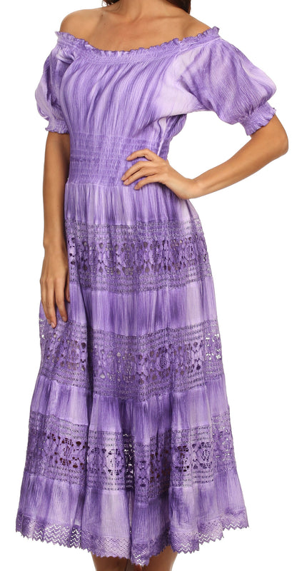 Sakkas Laney Tie Dye Lace Smocked Empire Waist Long Picot Hem Dress