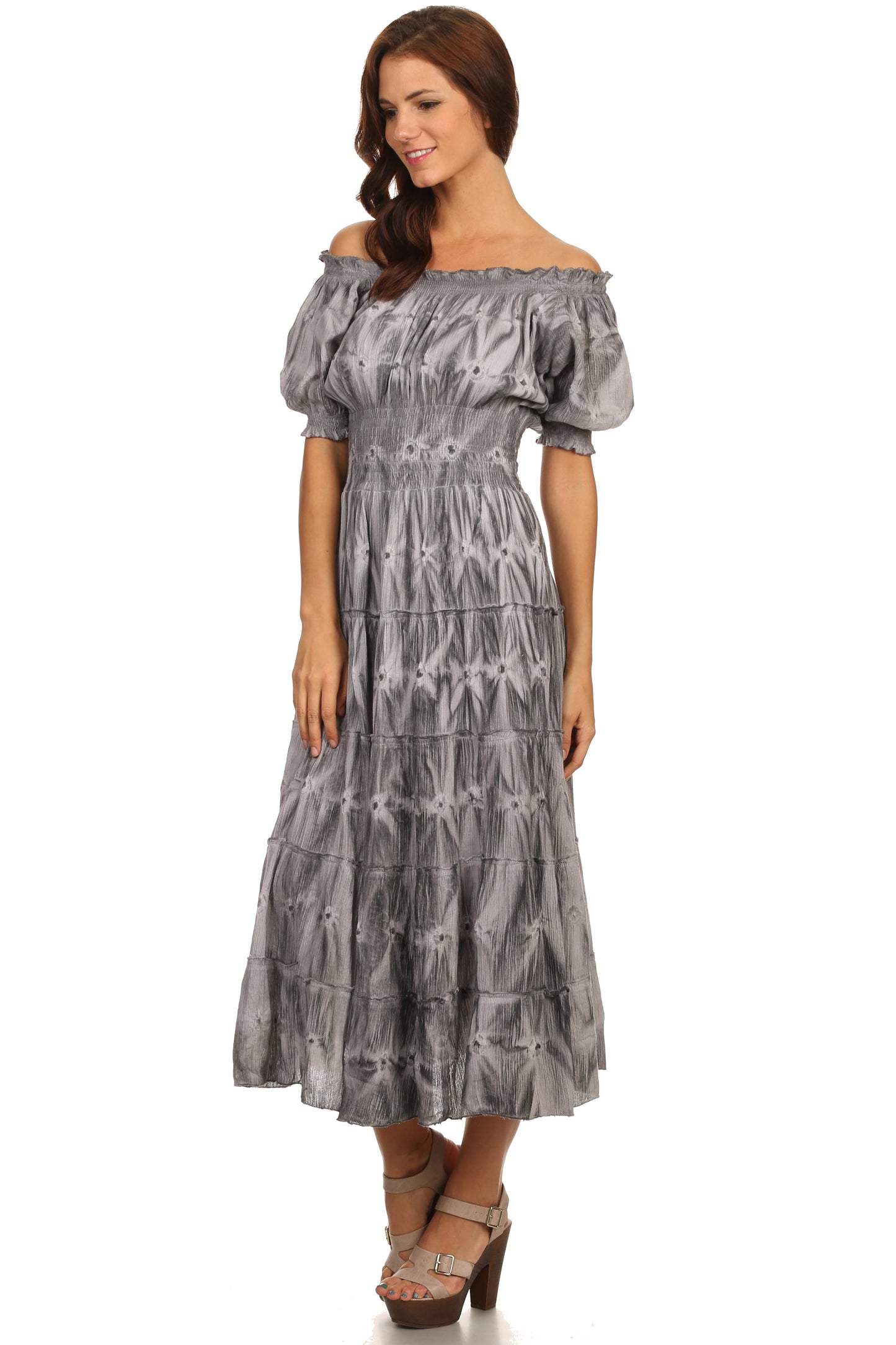Sakkas Melissa Two Tone Dyed Tiered Smocked Waist Long Dress With Short Sleeves
