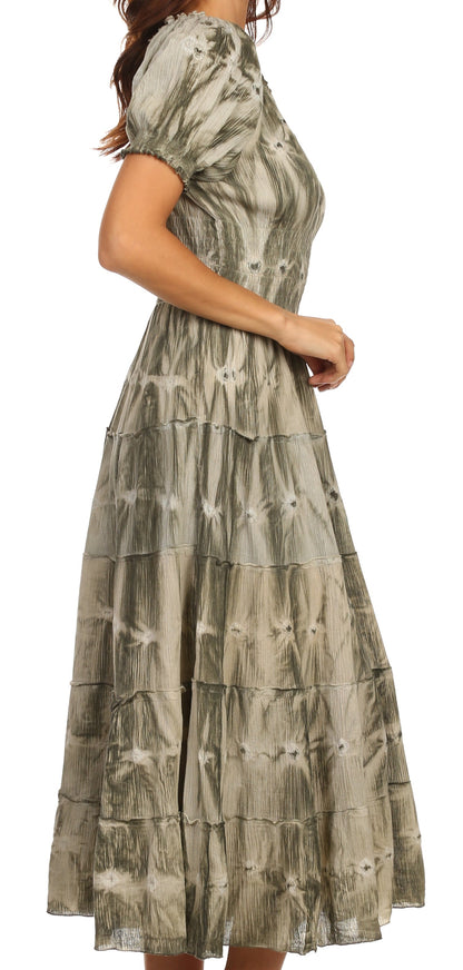 Sakkas Melissa Two Tone Dyed Tiered Smocked Waist Long Dress With Short Sleeves