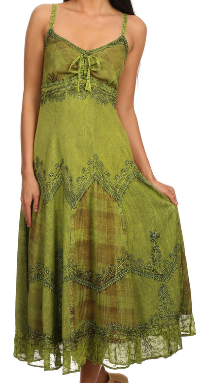 Sakkas Iris Plaid Stonewashed Rayon Embroidered Adjustable Spaghetti Straps Dress