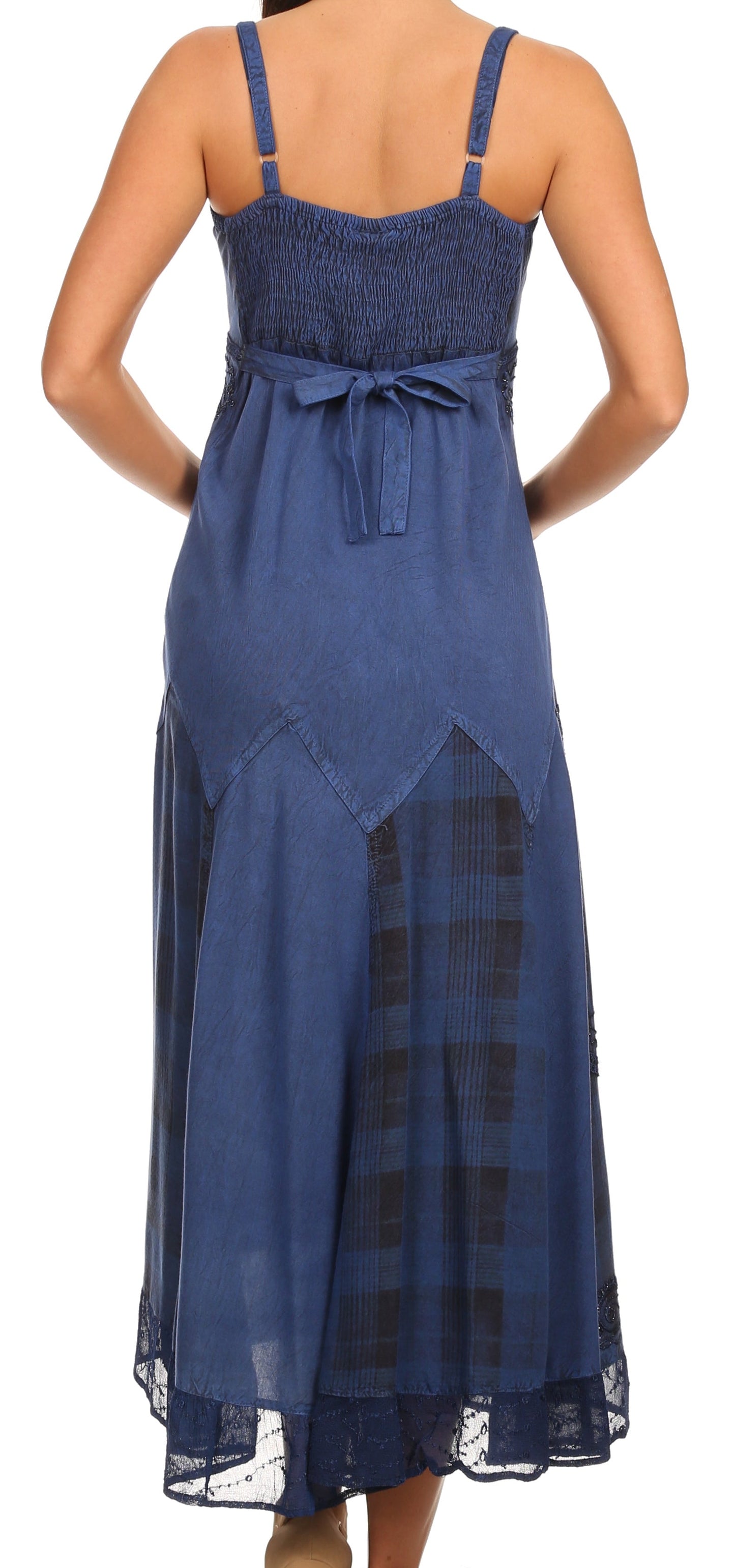 Sakkas Iris Plaid Stonewashed Rayon Embroidered Adjustable Spaghetti Straps Dress