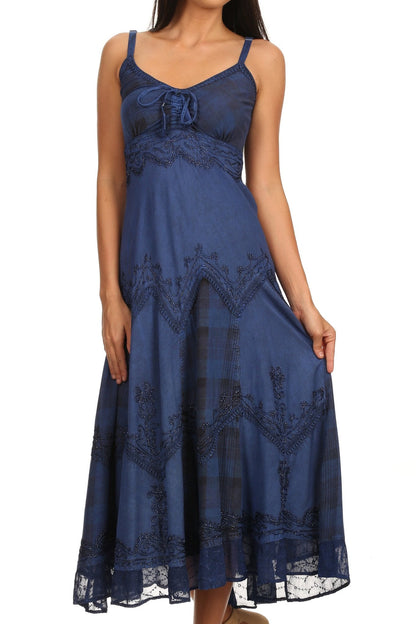 Sakkas Iris Plaid Stonewashed Rayon Embroidered Adjustable Spaghetti Straps Dress