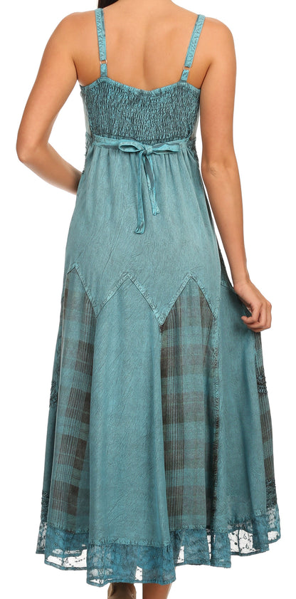 Sakkas Iris Plaid Stonewashed Rayon Embroidered Adjustable Spaghetti Straps Dress