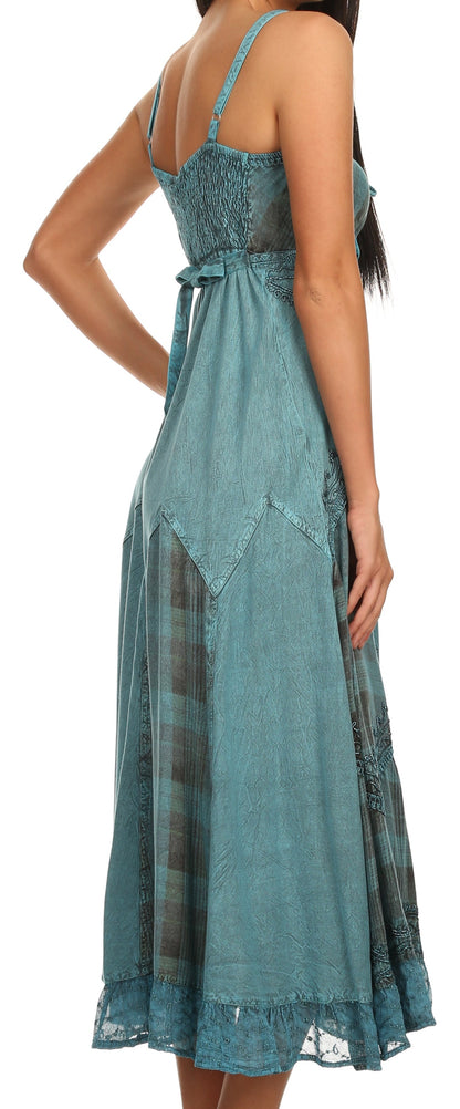 Sakkas Iris Plaid Stonewashed Rayon Embroidered Adjustable Spaghetti Straps Dress