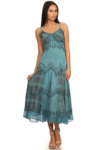 Sakkas Iris Plaid Stonewashed Rayon Embroidered Adjustable Spaghetti Straps Dress