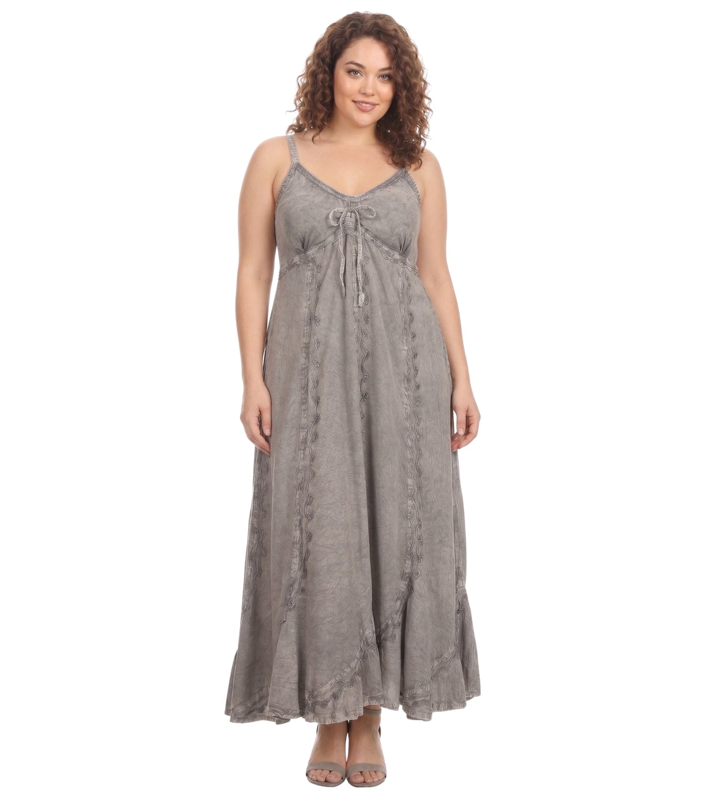Sakkas Allie Stonewashed Embroidered Adjustable Spaghetti Straps Long Dress