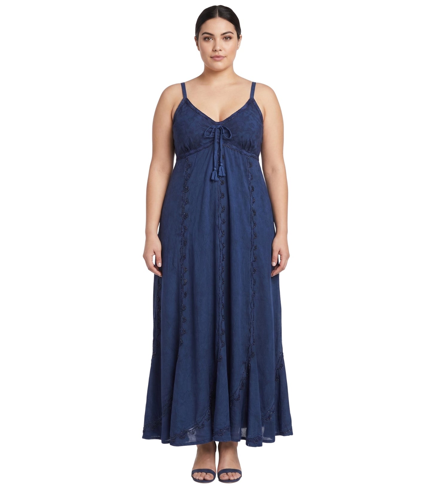 Sakkas Allie Stonewashed Embroidered Adjustable Spaghetti Straps Long Dress