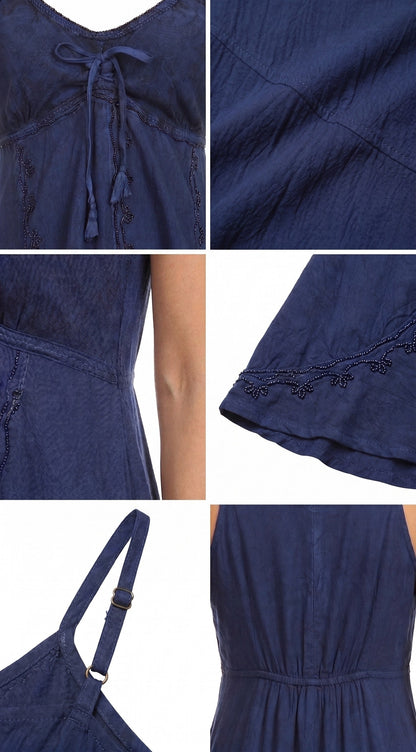 Sakkas Allie Stonewashed Embroidered Adjustable Spaghetti Straps Long Dress