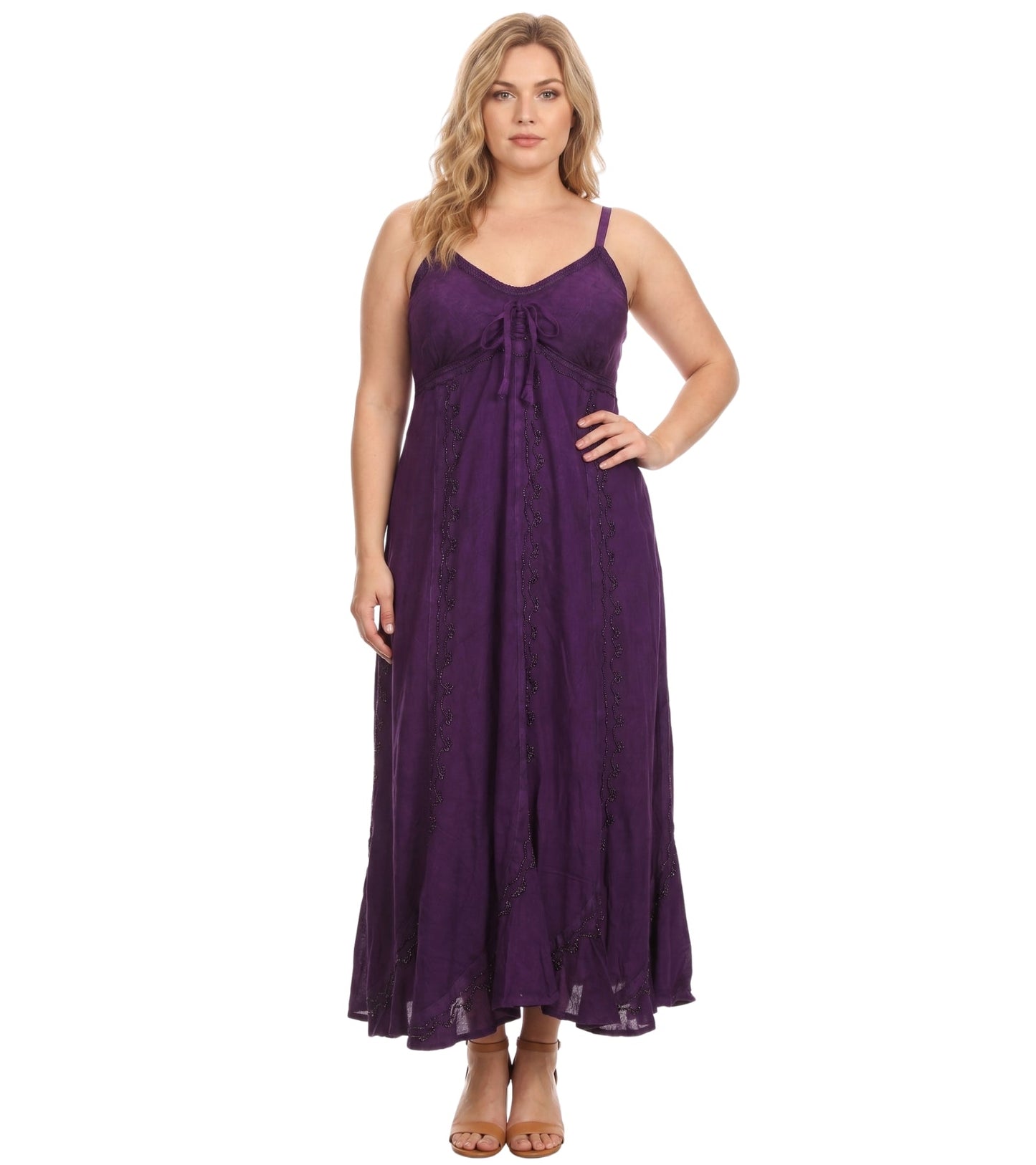 Sakkas Allie Stonewashed Embroidered Adjustable Spaghetti Straps Long Dress