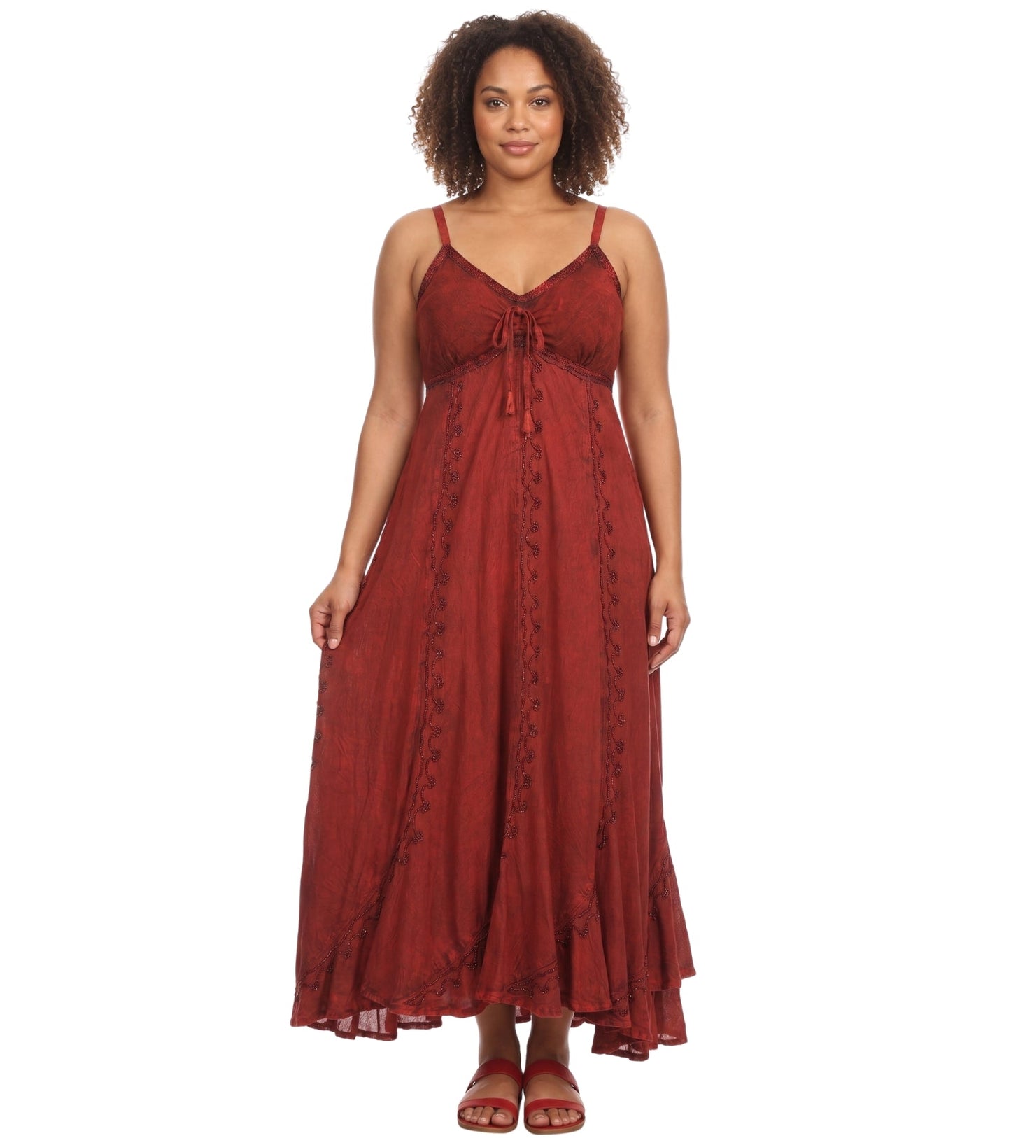 Sakkas Allie Stonewashed Embroidered Adjustable Spaghetti Straps Long Dress