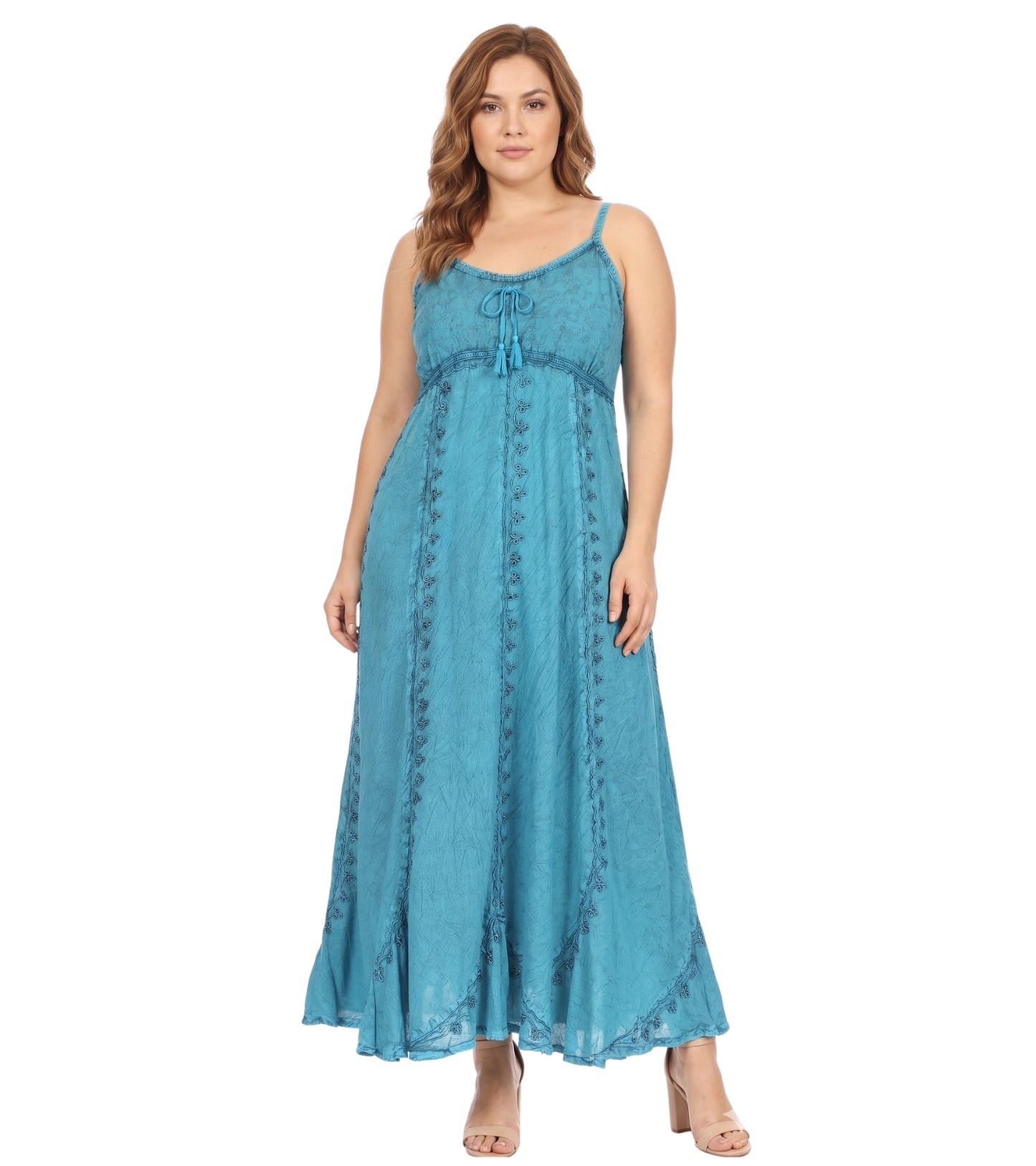 Sakkas Allie Stonewashed Embroidered Adjustable Spaghetti Straps Long Dress