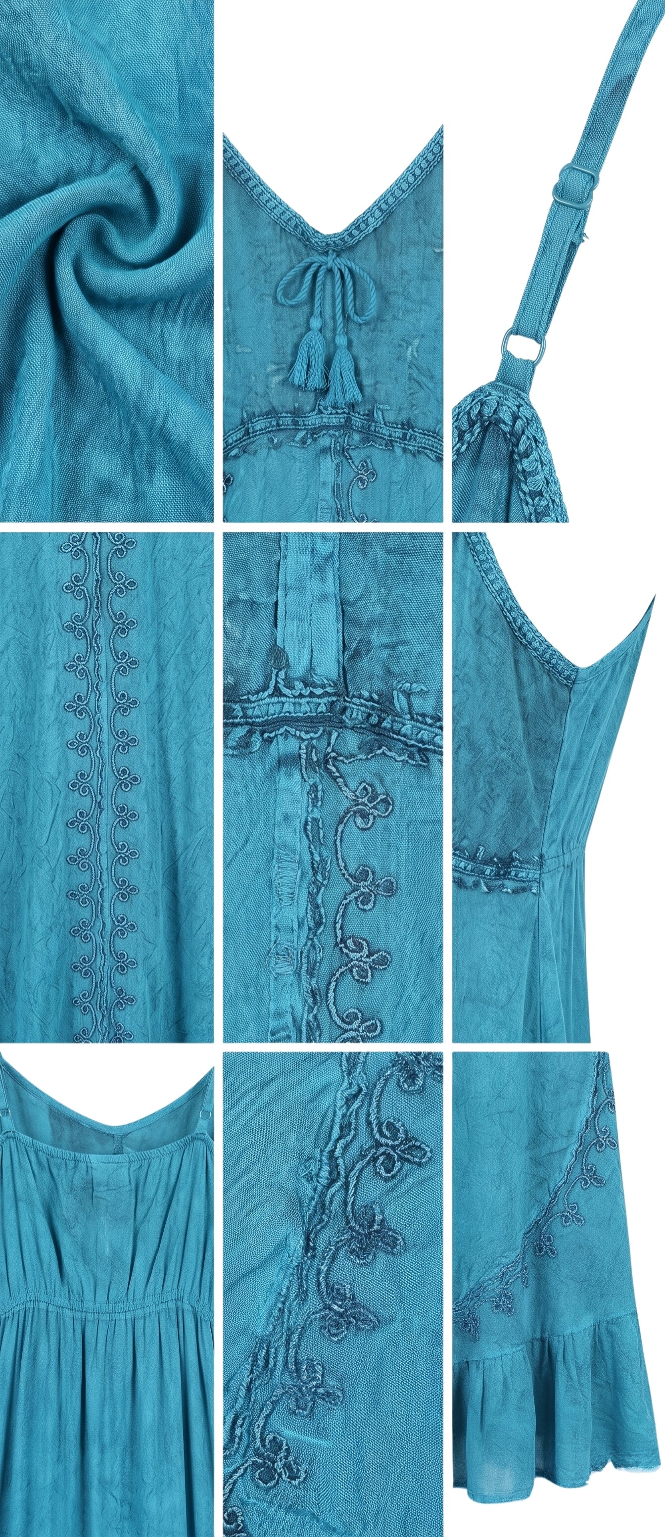 Sakkas Allie Stonewashed Embroidered Adjustable Spaghetti Straps Long Dress