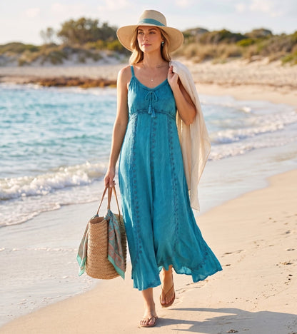 Sakkas Allie Stonewashed Embroidered Adjustable Spaghetti Straps Long Dress