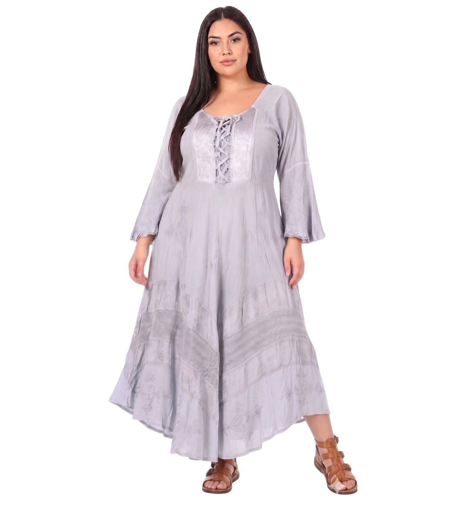 Sakkas Mirabel Stonewashed Corset Style Floral Emboridery Kimono Sleeve Dress