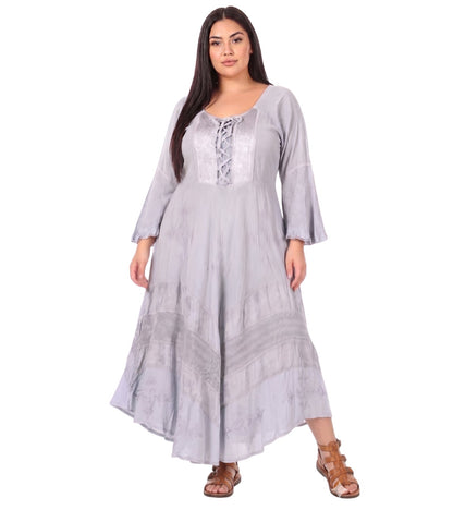 Sakkas Mirabel Stonewashed Corset Style Floral Emboridery Kimono Sleeve Dress