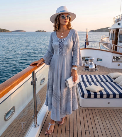Sakkas Mirabel Stonewashed Corset Style Floral Emboridery Kimono Sleeve Dress