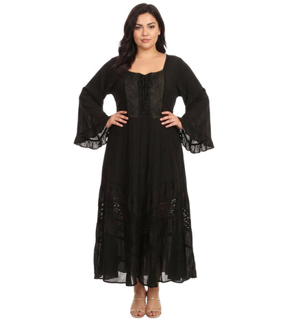 Sakkas Mirabel Stonewashed Corset Style Floral Emboridery Kimono Sleeve Dress