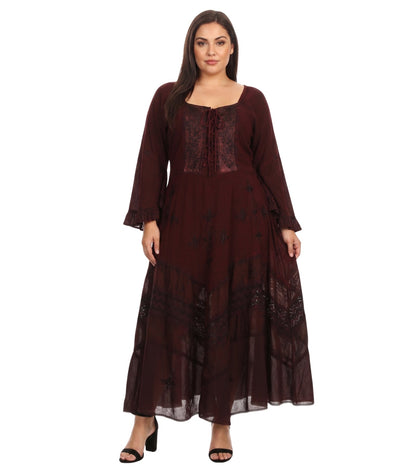 Sakkas Mirabel Stonewashed Corset Style Floral Emboridery Kimono Sleeve Dress