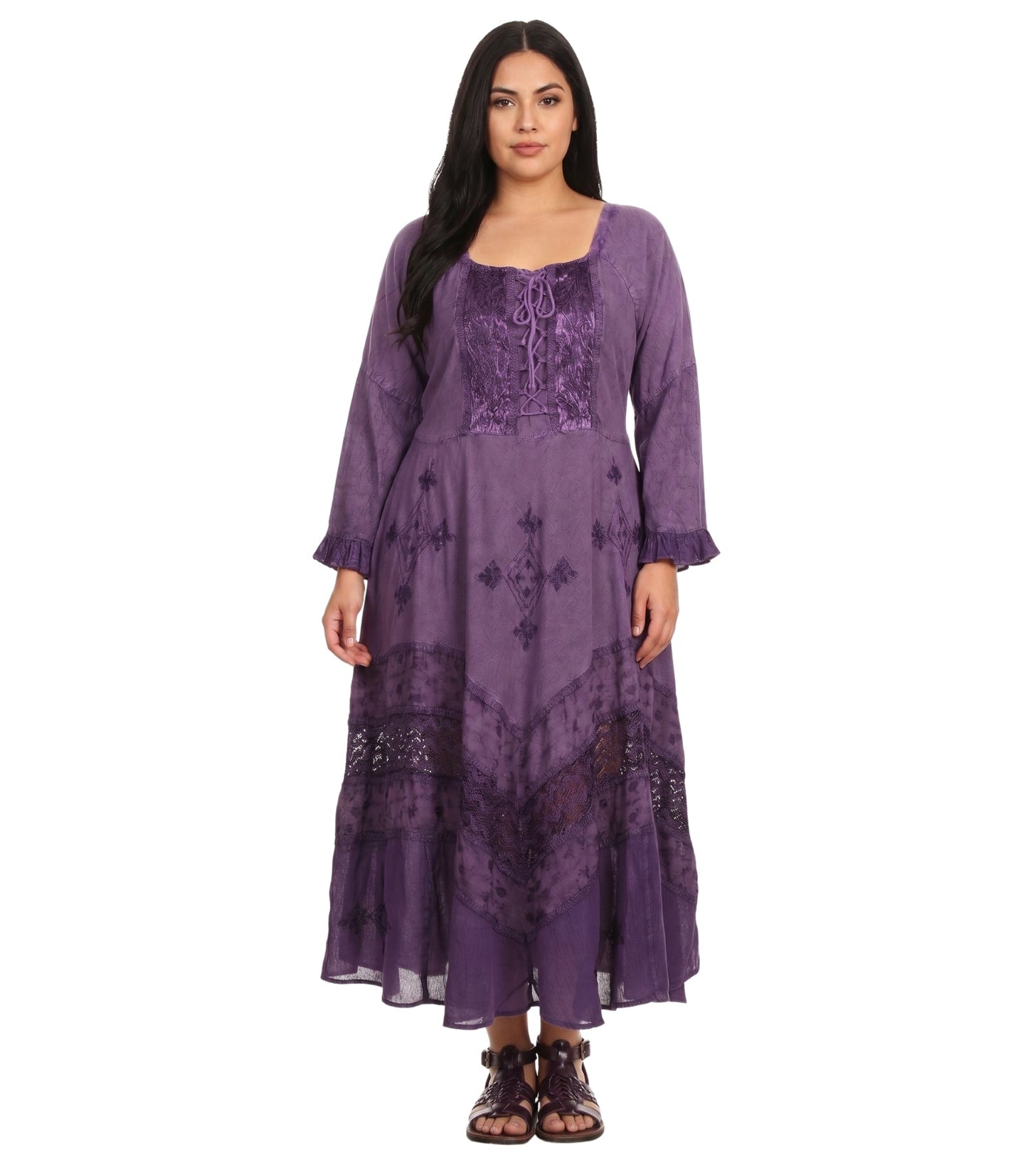 Sakkas Mirabel Stonewashed Corset Style Floral Emboridery Kimono Sleeve Dress