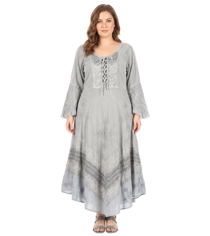 Sakkas Mirabel Stonewashed Corset Style Floral Emboridery Kimono Sleeve Dress