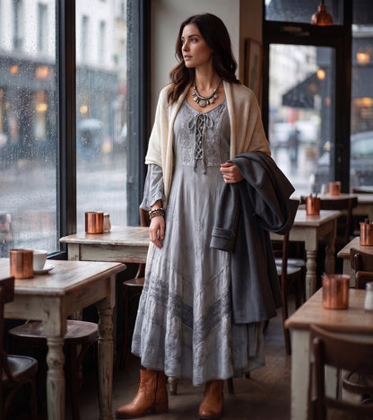 Sakkas Mirabel Stonewashed Corset Style Floral Emboridery Kimono Sleeve Dress