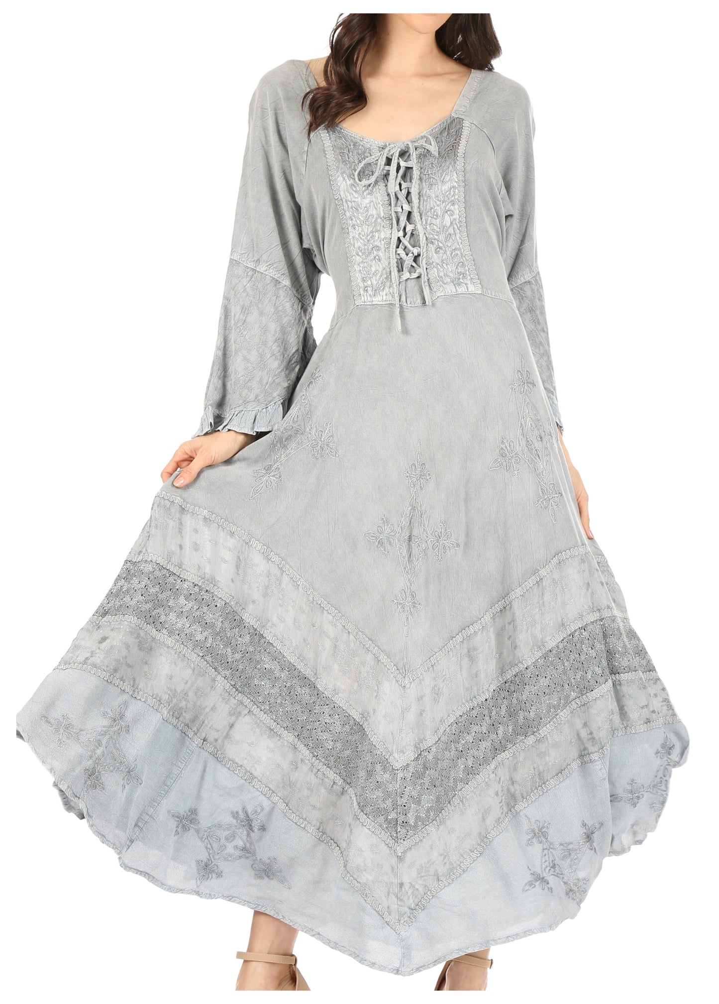 Sakkas Mirabel Stonewashed Corset Style Floral Emboridery Kimono Sleeve Dress