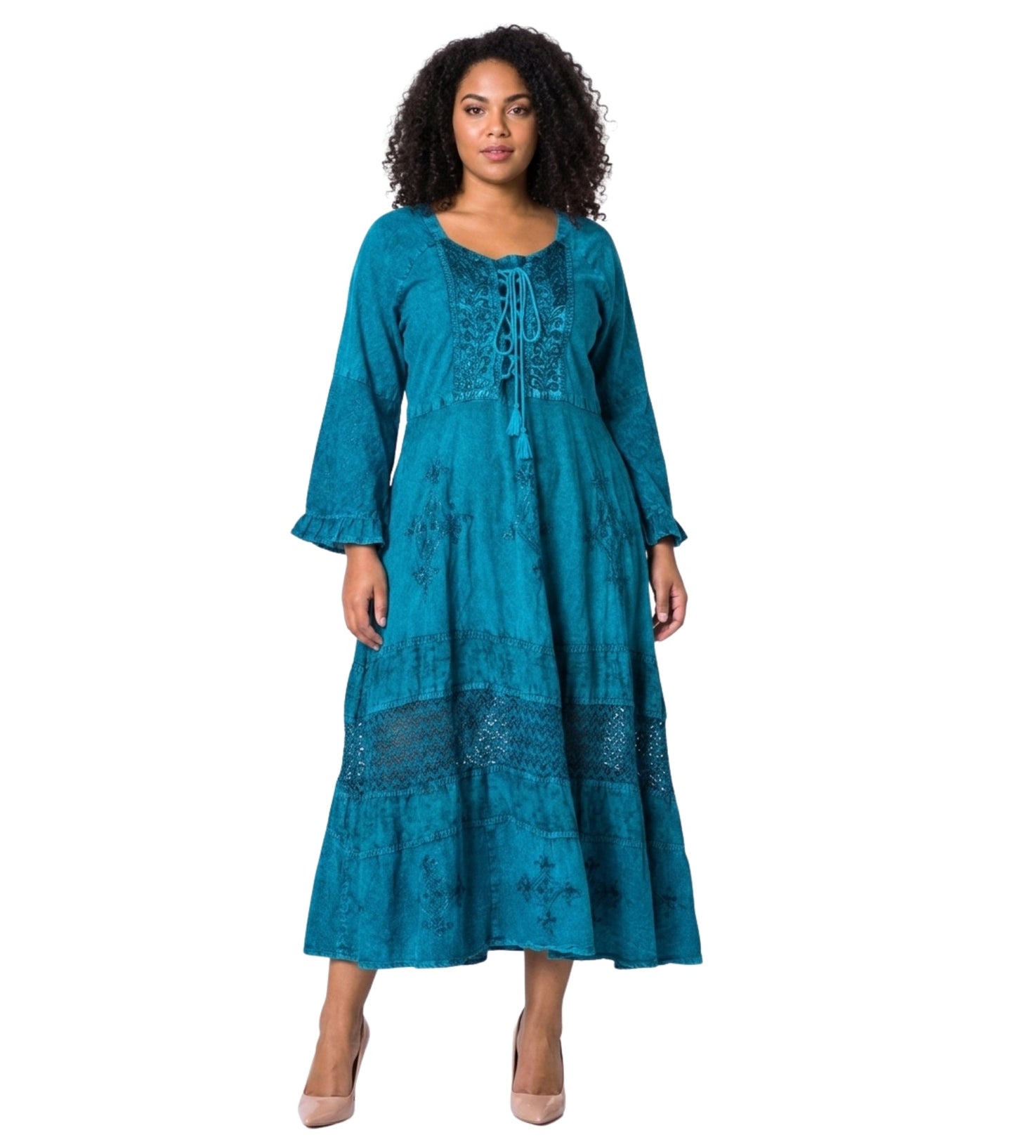 Sakkas Mirabel Stonewashed Corset Style Floral Emboridery Kimono Sleeve Dress