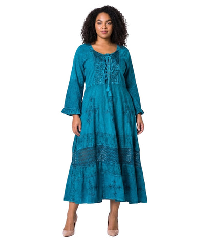 Sakkas Mirabel Stonewashed Corset Style Floral Emboridery Kimono Sleeve Dress
