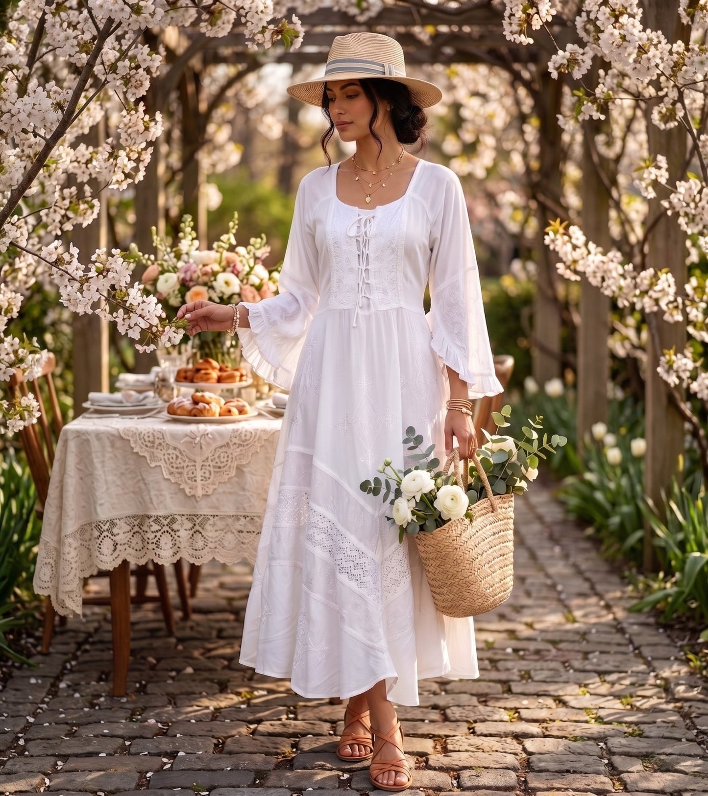 Sakkas Mirabel Stonewashed Corset Style Floral Emboridery Kimono Sleeve Dress