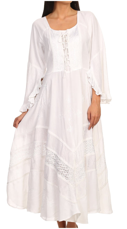Sakkas Mirabel Stonewashed Corset Style Floral Emboridery Kimono Sleeve Dress