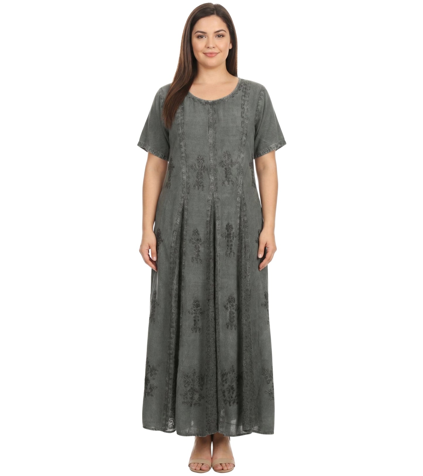 Sakkas Hailey Cap Sleeve Caftan Long Embroidered Stonewashed Dress