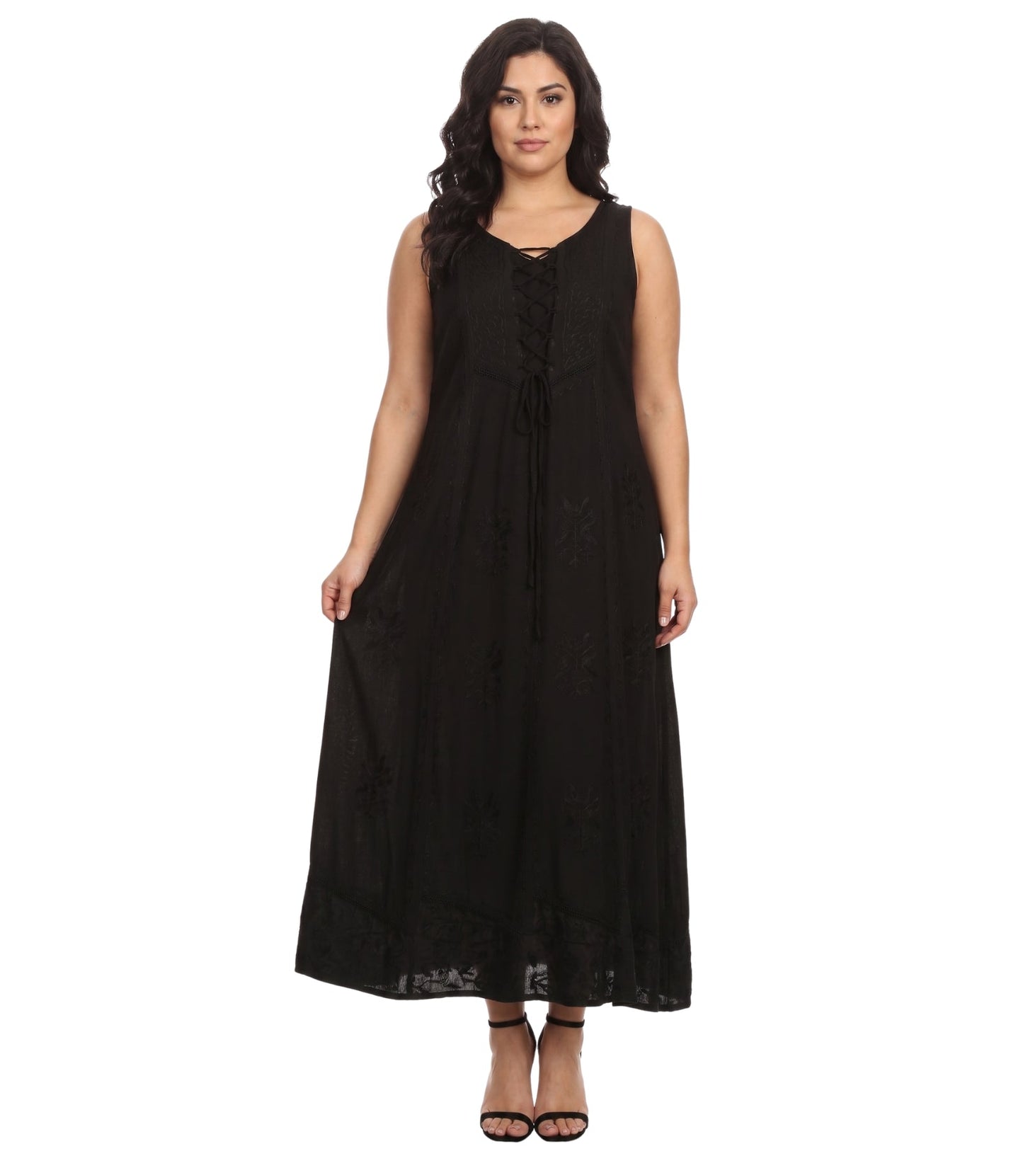 Sakkas Stella Long Tank Top Adjustable Caftan Corset Dress With Embroidery
