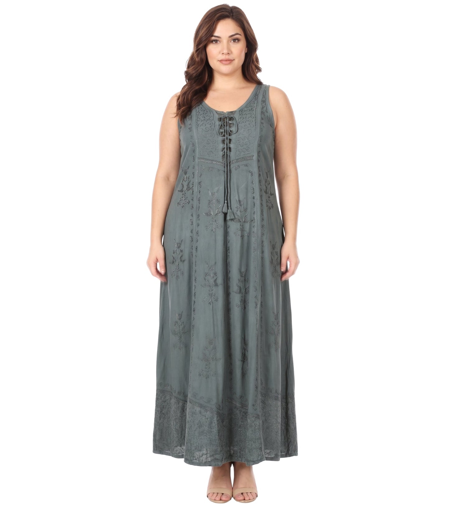 Sakkas Stella Long Tank Top Adjustable Caftan Corset Dress With Embroidery