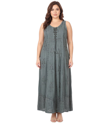 Sakkas Stella Long Tank Top Adjustable Caftan Corset Dress With Embroidery