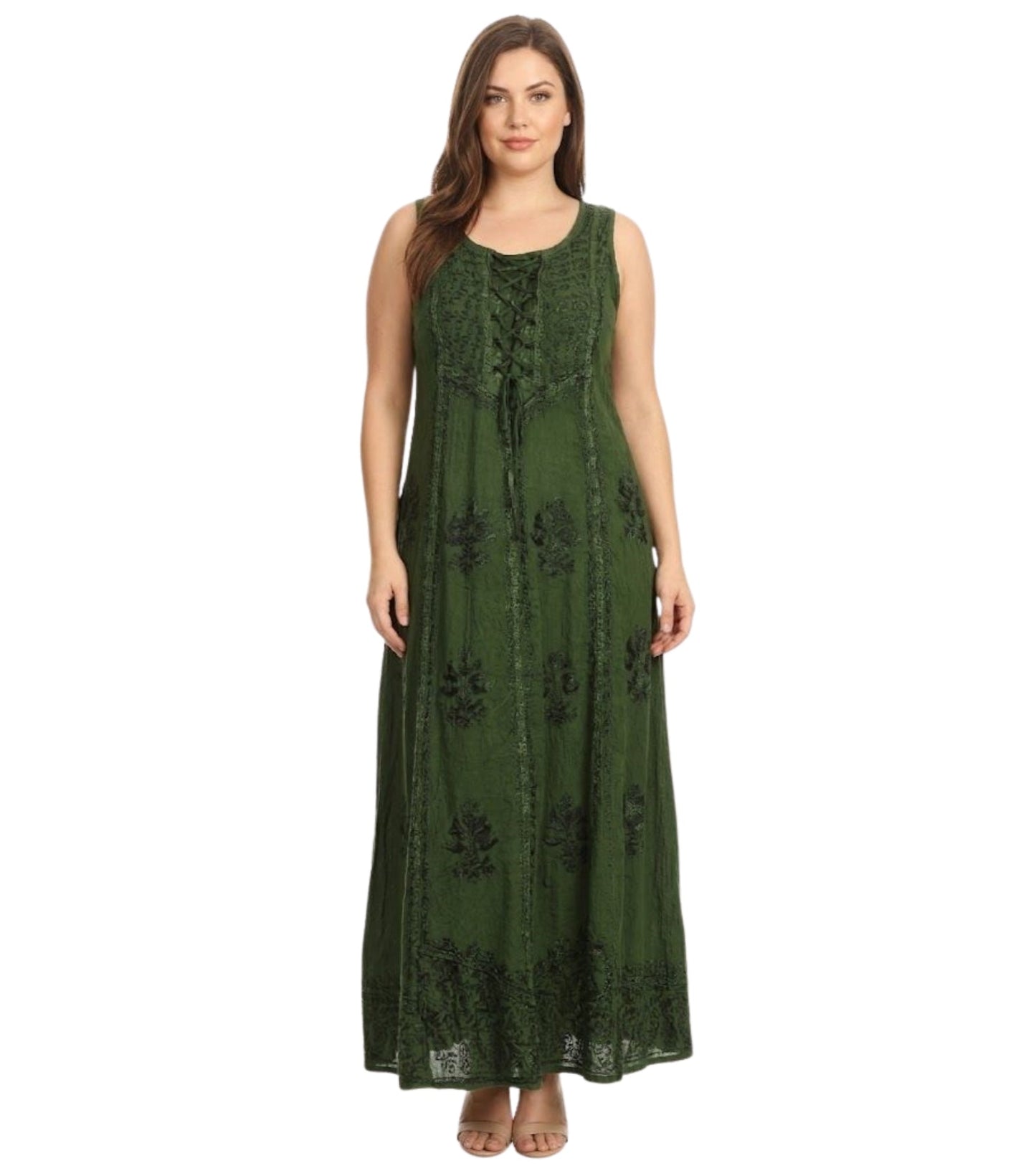 Sakkas Stella Long Tank Top Adjustable Caftan Corset Dress With Embroidery