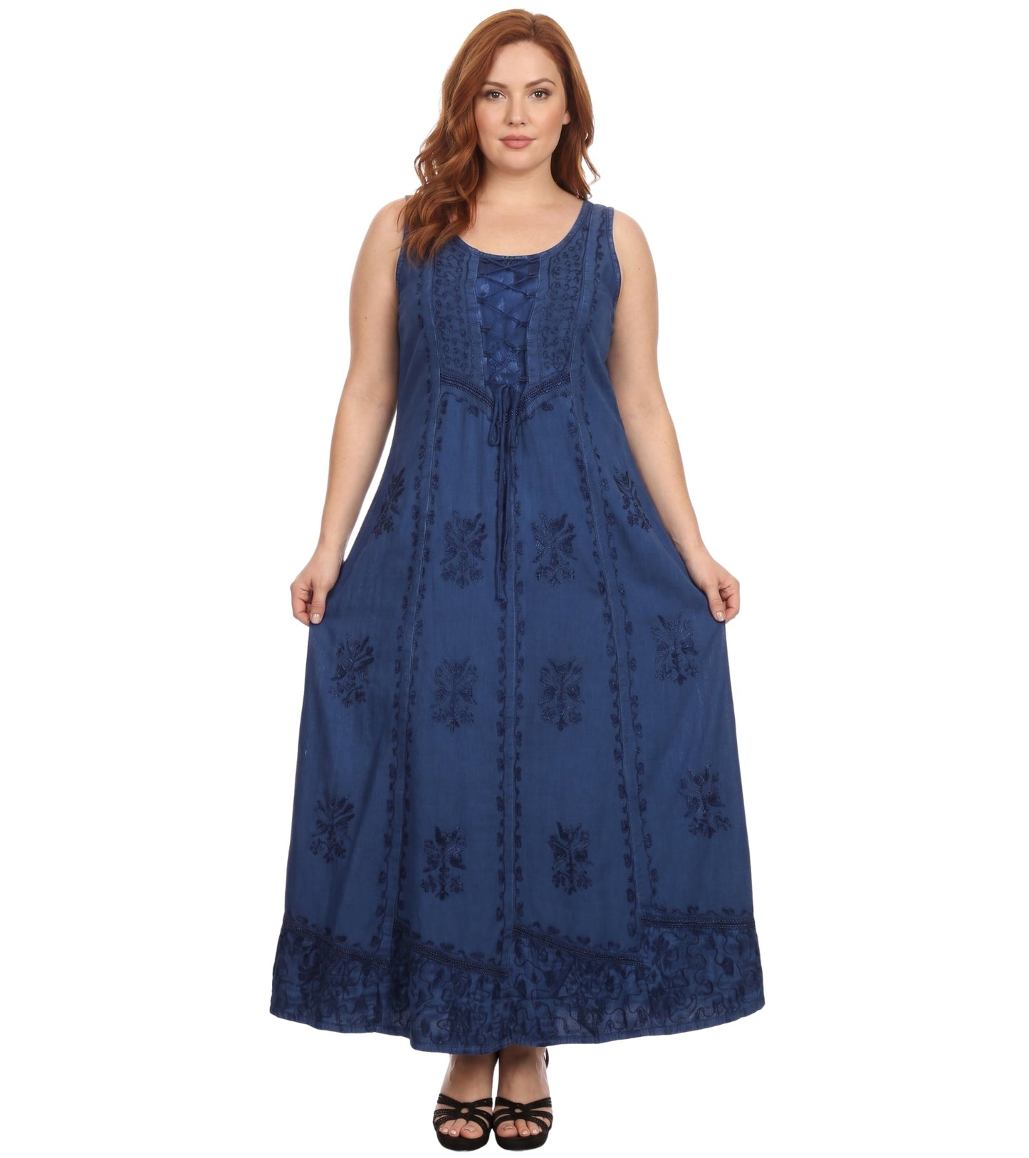 Sakkas Stella Long Tank Top Adjustable Caftan Corset Dress With Embroidery
