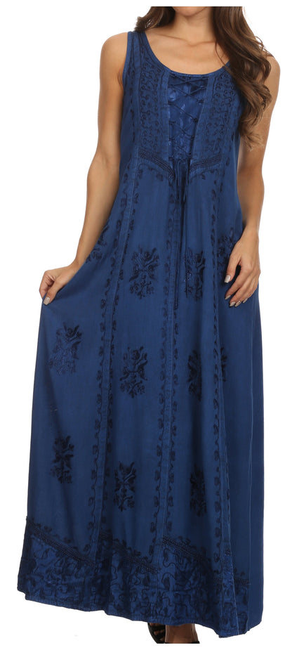 Sakkas Stella Long Tank Top Adjustable Caftan Corset Dress With Embroidery