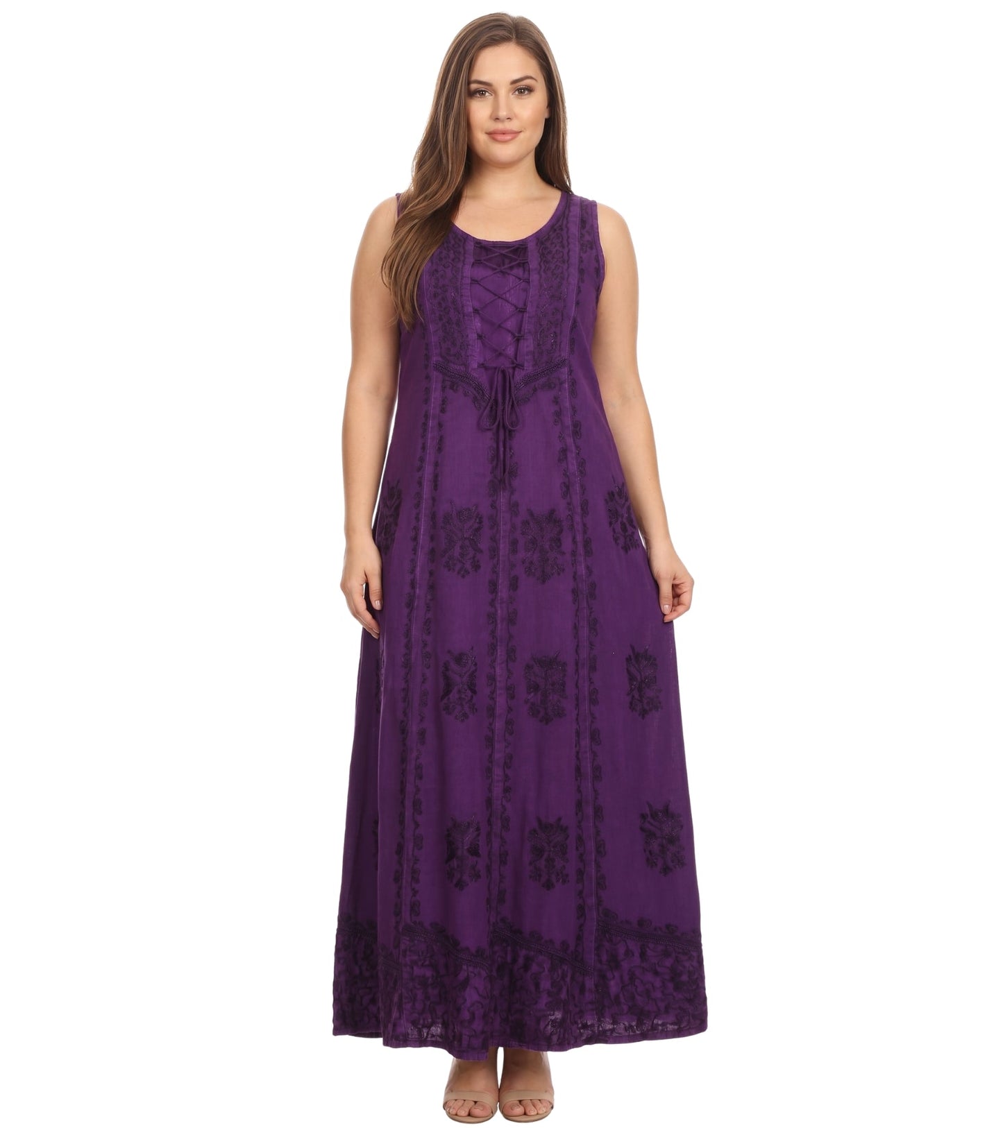 Sakkas Stella Long Tank Top Adjustable Caftan Corset Dress With Embroidery