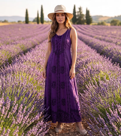 Sakkas Stella Long Tank Top Adjustable Caftan Corset Dress With Embroidery
