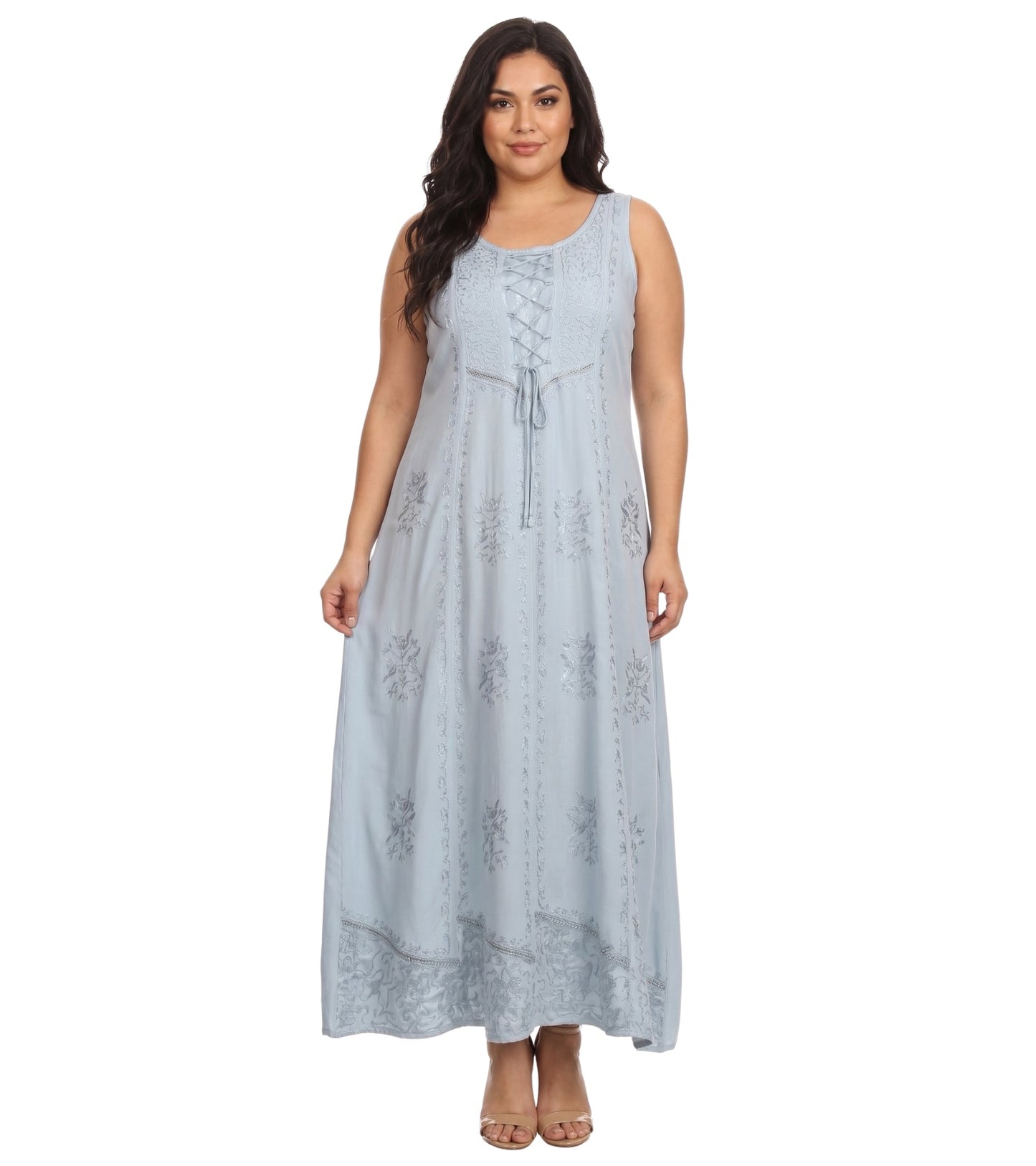 Sakkas Stella Long Tank Top Adjustable Caftan Corset Dress With Embroidery