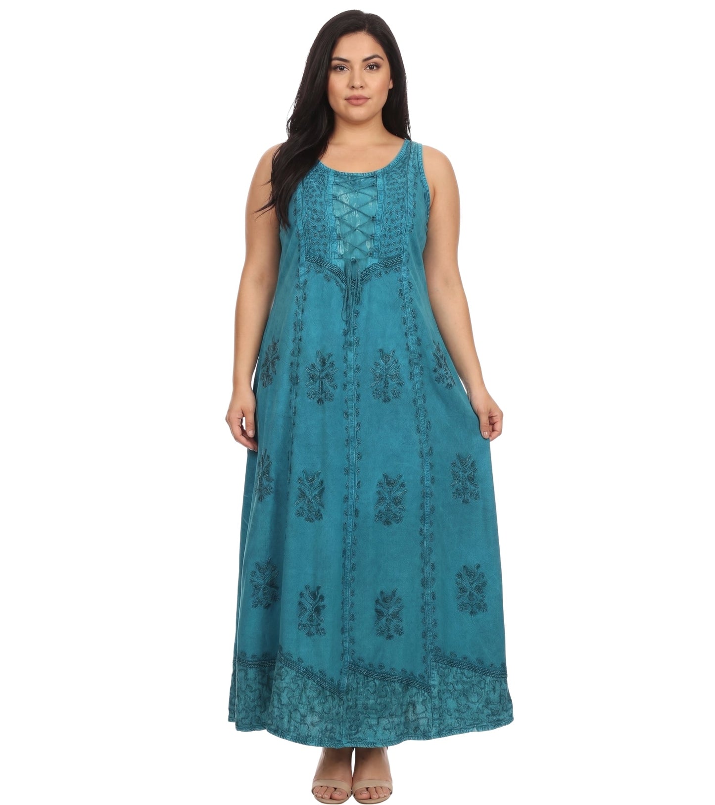 Sakkas Stella Long Tank Top Adjustable Caftan Corset Dress With Embroidery
