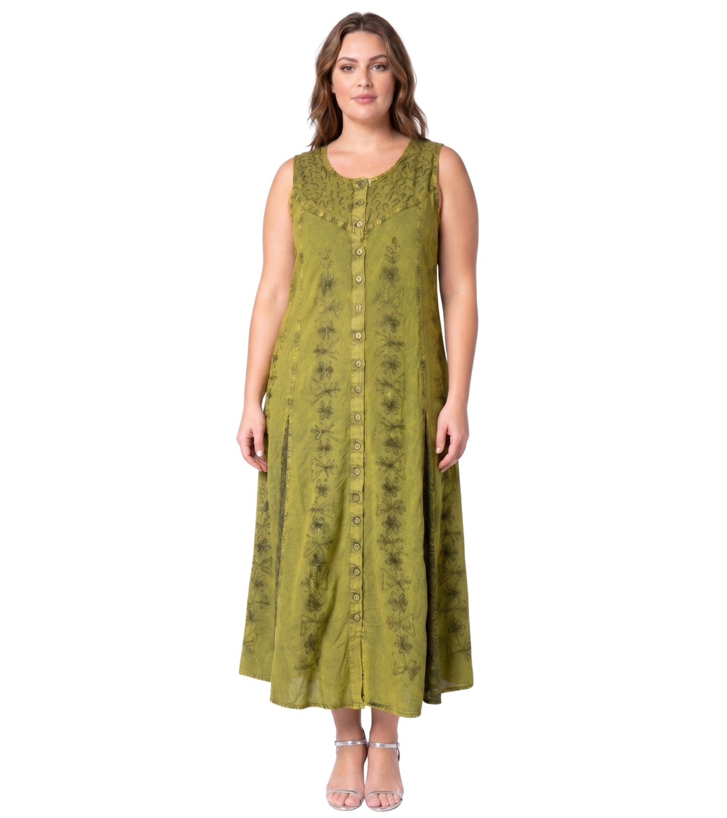 Sakkas Beverlee Embroidered Button Down Sleeveless Caftan Dress